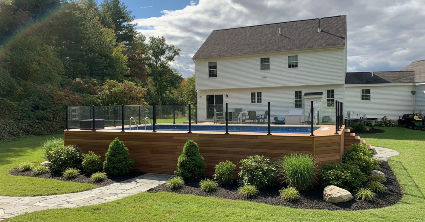 After Gibraltar pool with new wood siding and glass fence