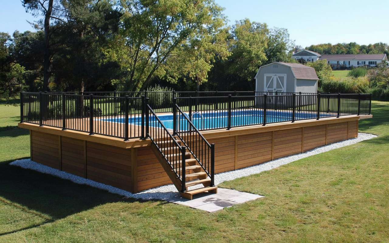 After Gibraltar pool with new wood siding and glass fence